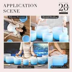 6-12 Inch Azure Blue Color Aria Gradient Design Frosted Quartz Crystal Singing Bowls Chakra Set of 7 with Carry Case