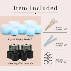 6-12 Inch Azure Blue Color Aria Gradient Design Frosted Quartz Crystal Singing Bowls Chakra Set of 7 with Carry Case