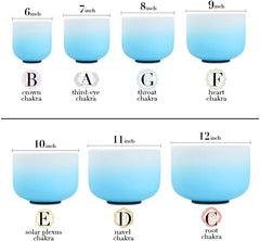 6-12 Inch Azure Blue Color Aria Gradient Design Frosted Quartz Crystal Singing Bowls Chakra Set of 7 with Carry Case