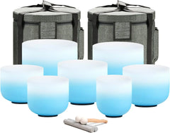6-12 Inch Azure Blue Color Aria Gradient Design Frosted Quartz Crystal Singing Bowls Chakra Set of 7 with Carry Case