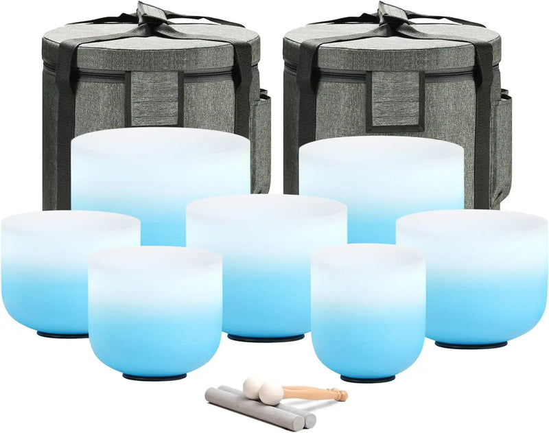 6-12 Inch Azure Blue Color Aria Gradient Design Frosted Quartz Crystal Singing Bowls Chakra Set of 7 with Carry Case