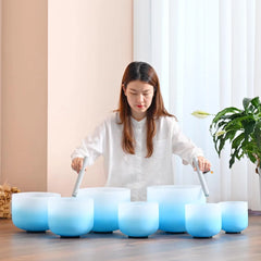 6-12 Inch Azure Blue Color Aria Gradient Design Frosted Quartz Crystal Singing Bowls Chakra Set of 7 with Carry Case